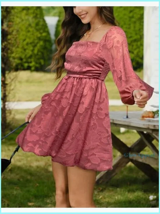 Floral Square Neck Long Sleeve Mini Dress Smocked Back A-Line Wedding Guest - Picture 3 of 6